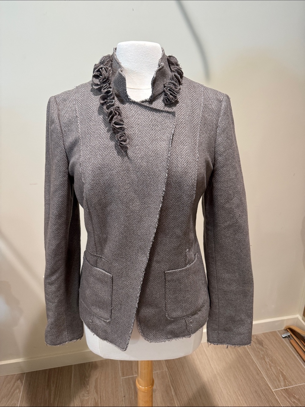 Women’s Gray Brown Frayed-Trim Herringbone Blazer